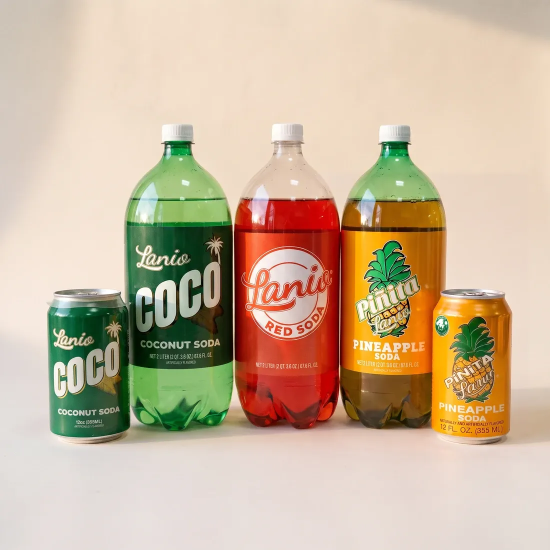 Lanio Coco can and 2 liter, Red Nicaraguan Soda 2 liter, Piñita pineapple 2 liter and can