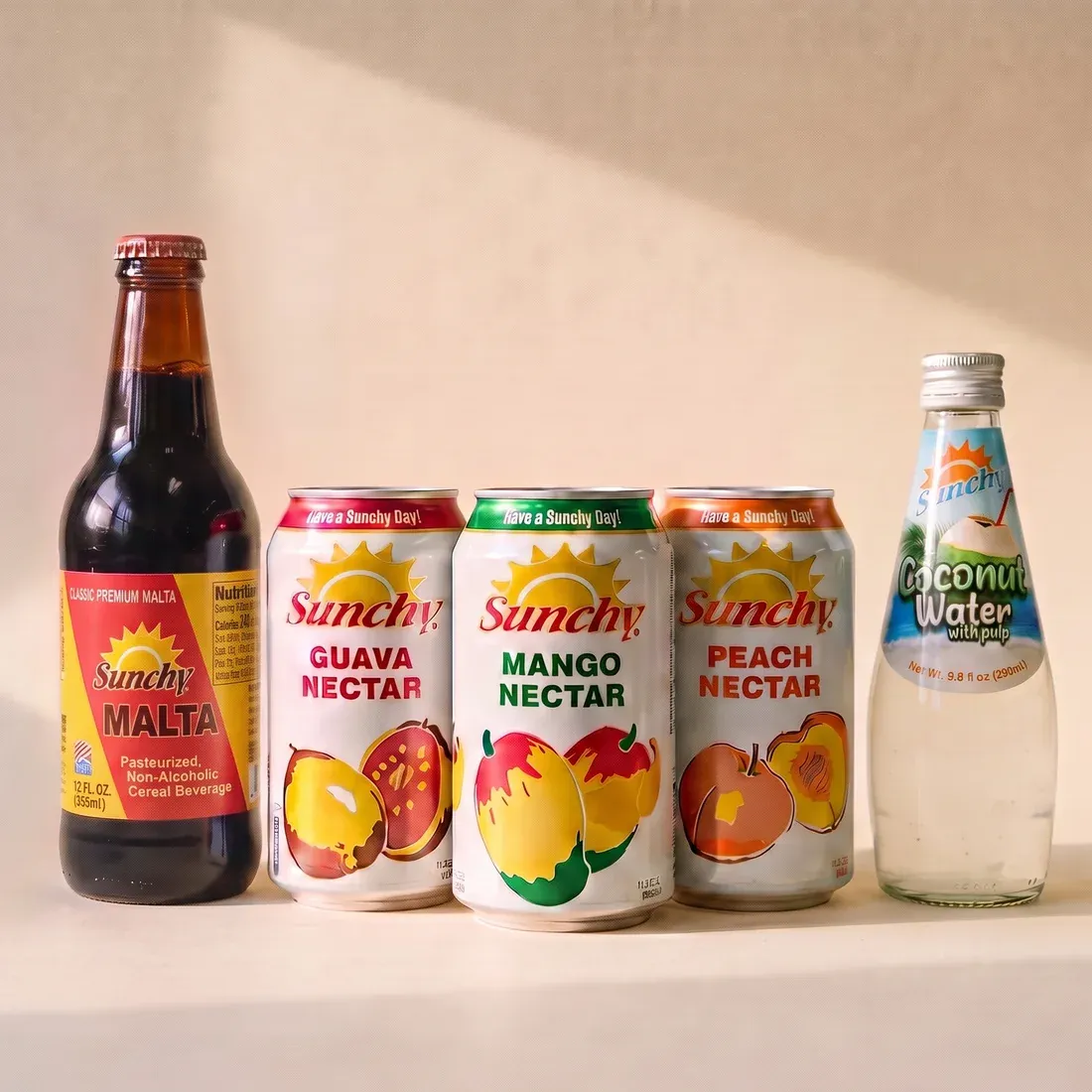 Sunchy malta, guava, mango and peach nectars and coconut water