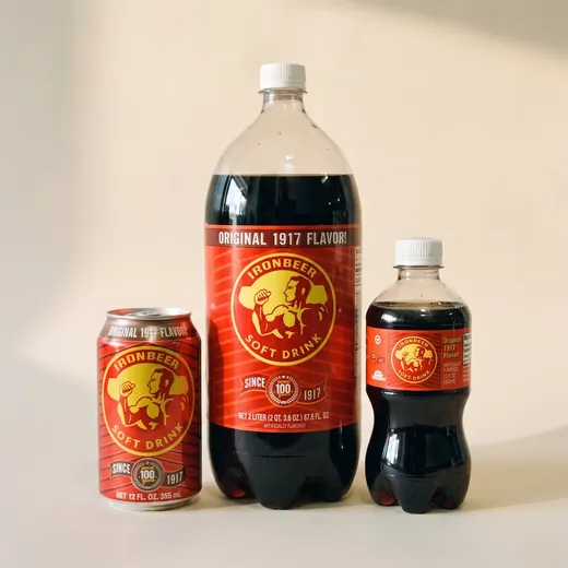 Ironbeer 2 liter, 12 ounce can and small bottle