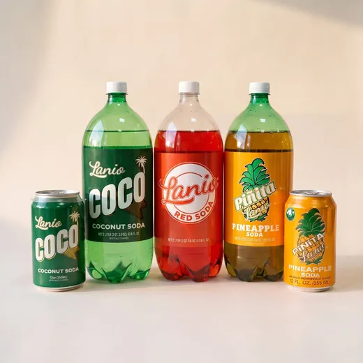Lanio Coco can and 2 liter, Red Nicaraguan Soda 2 liter, Piñita pineapple 2 liter and can