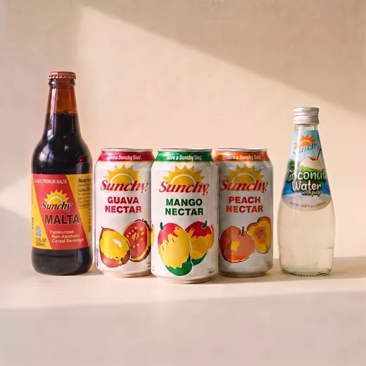 Sunchy guava, mango and peach nectars, malta and coconut water