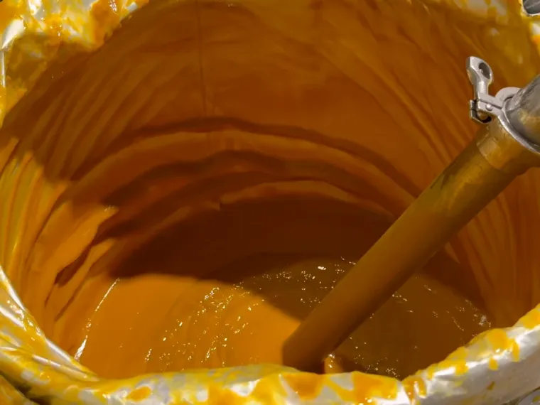 Fruit syrup being agitated in an open vat before filling